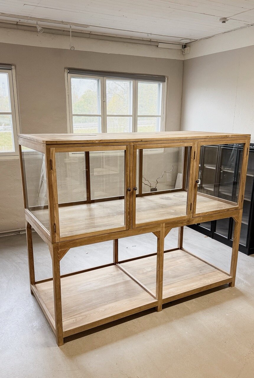 MUSEE glass display, recycle teak natural, 2 part, loose top shelf