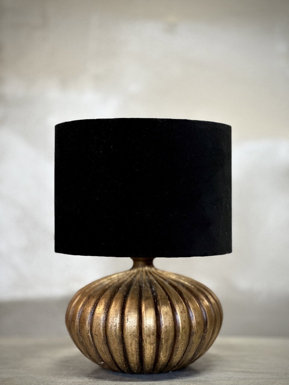 INDAH wooden lamp w shade, antique gold and black velvet