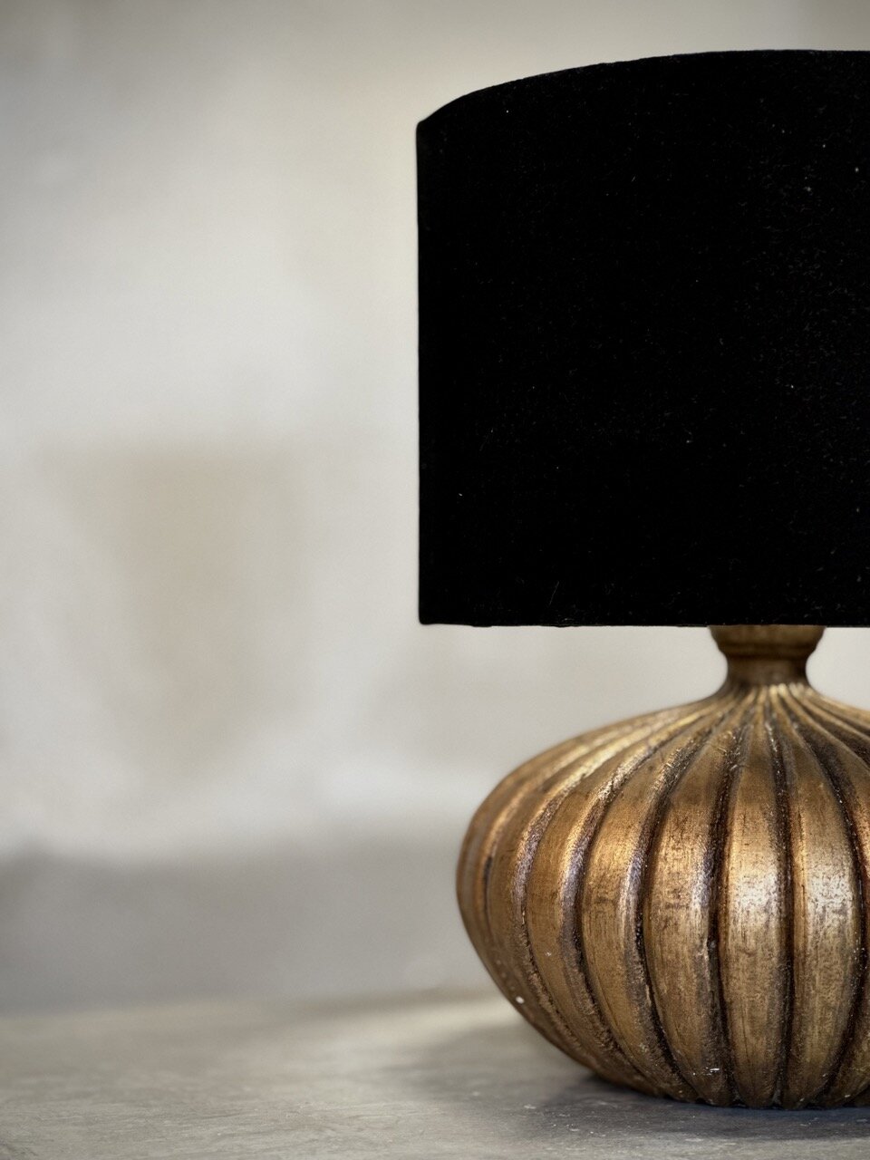 INDAH wooden lamp w shade, antique gold and black velvet