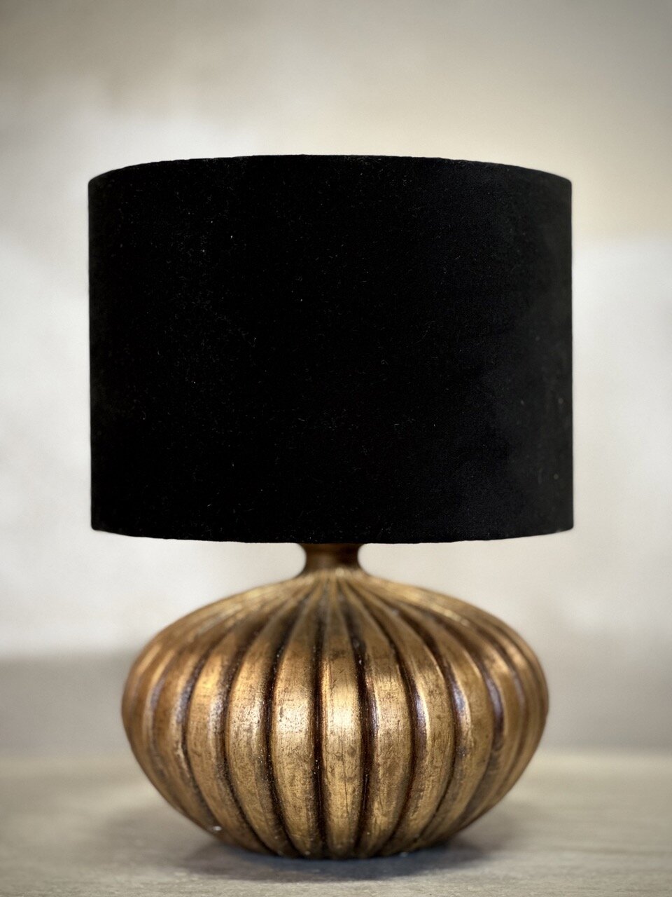 INDAH wooden lamp w shade, antique gold and black velvet