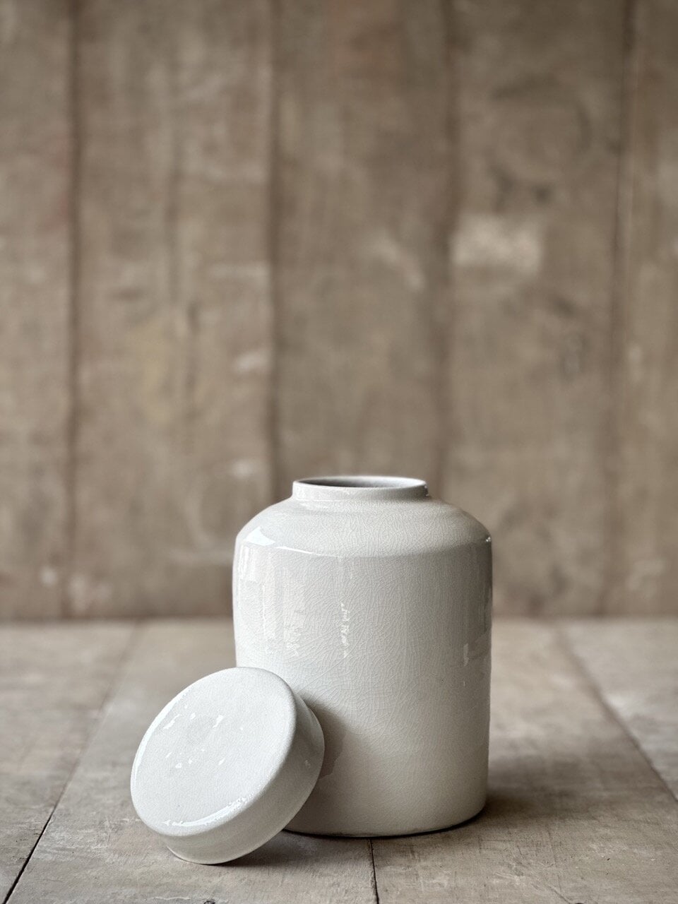 BONNE large jar with lid, off white crackle glazed