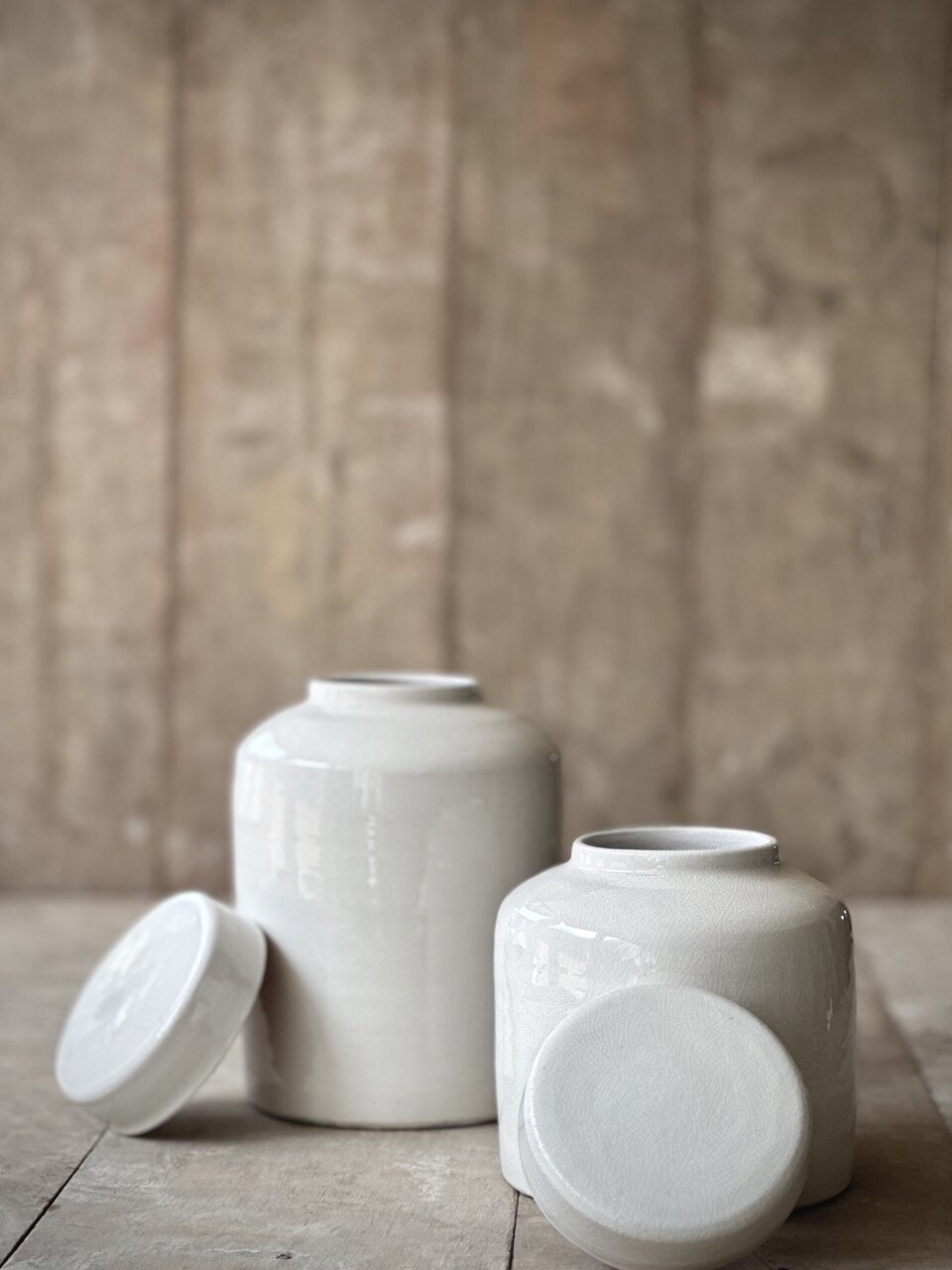 BONNE large jar with lid, off white crackle glazed