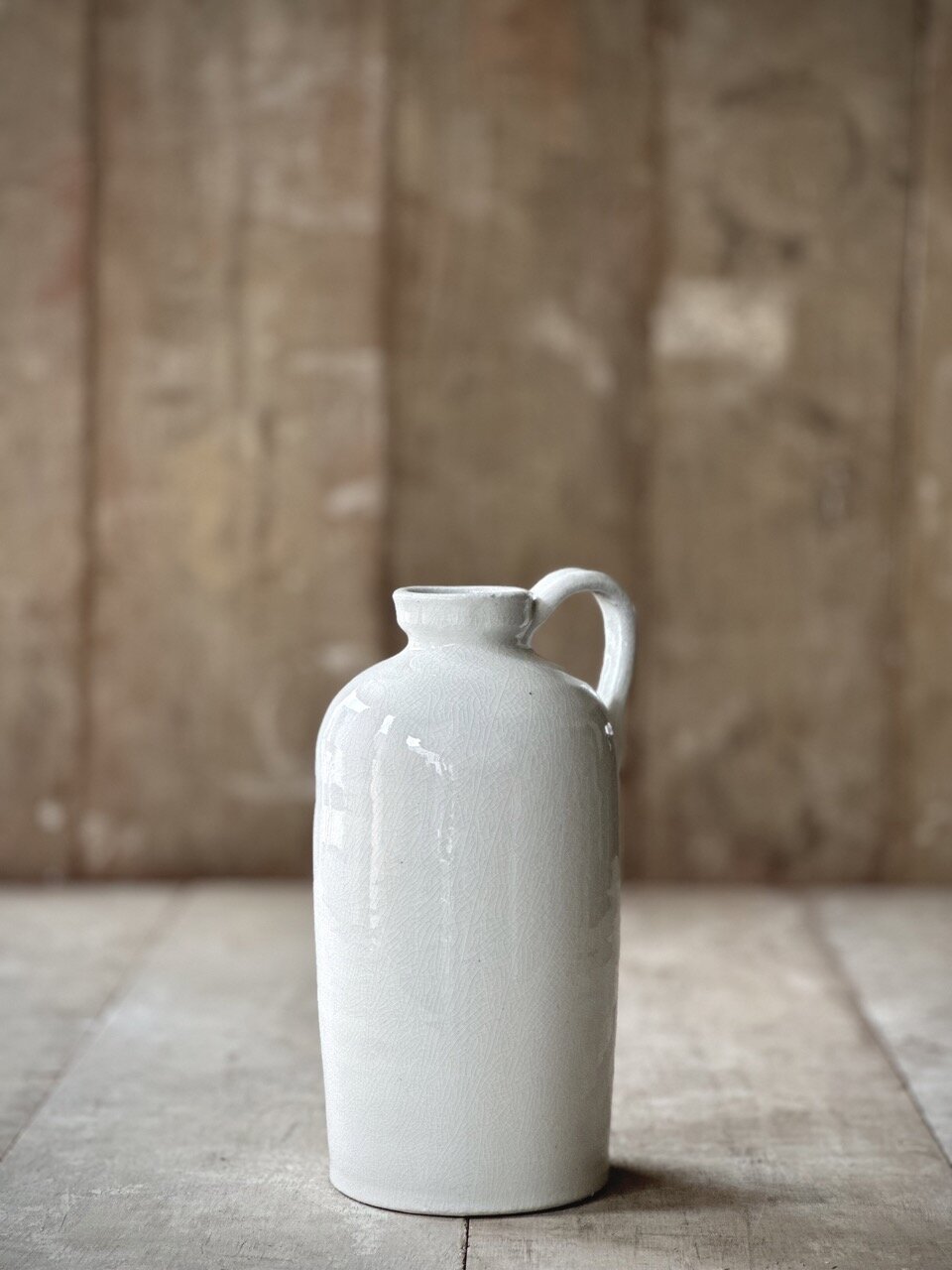 LUC bottle vase with handle, off white crackle glazed