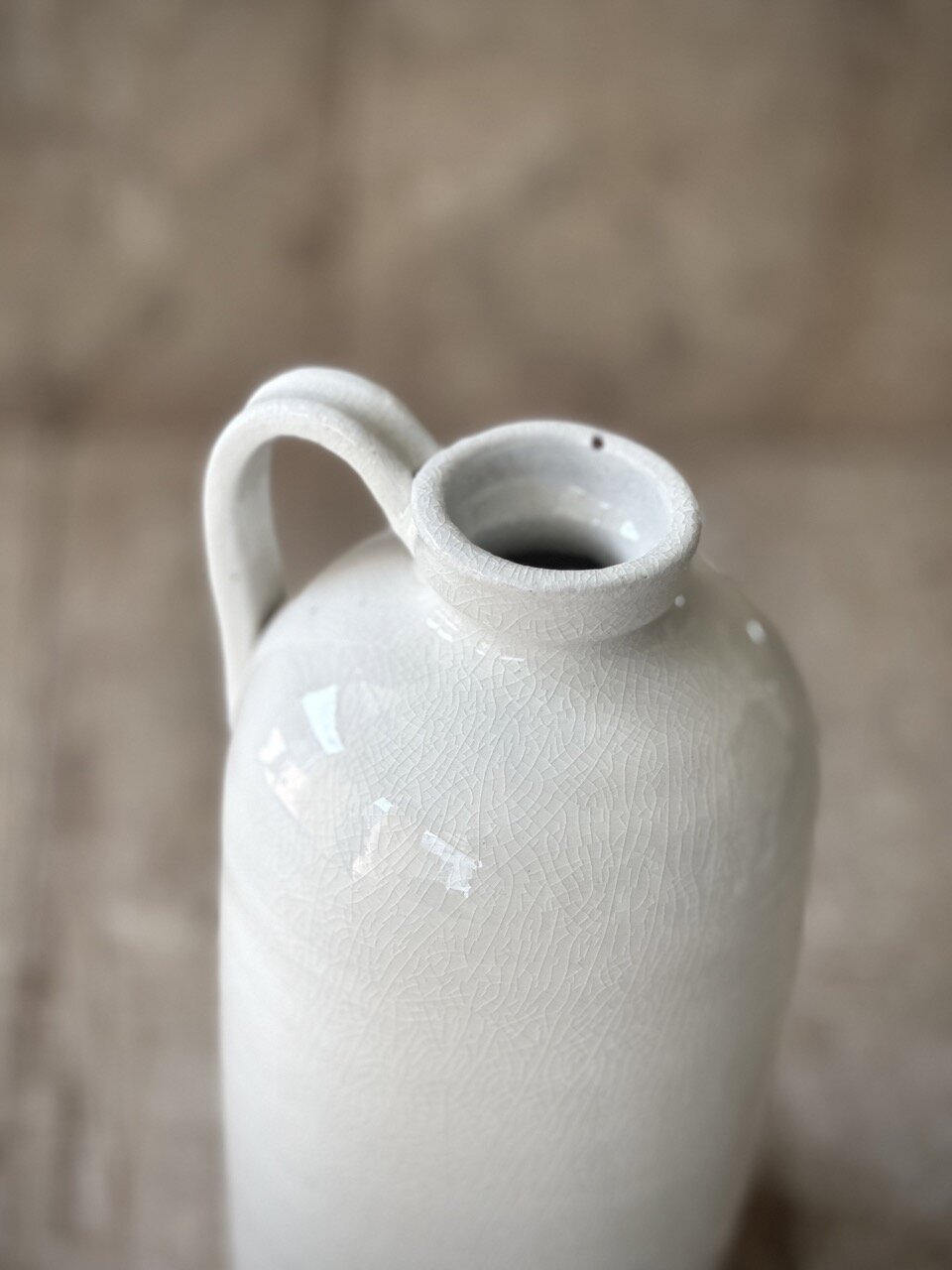 LUC bottle vase with handle, off white crackle glazed