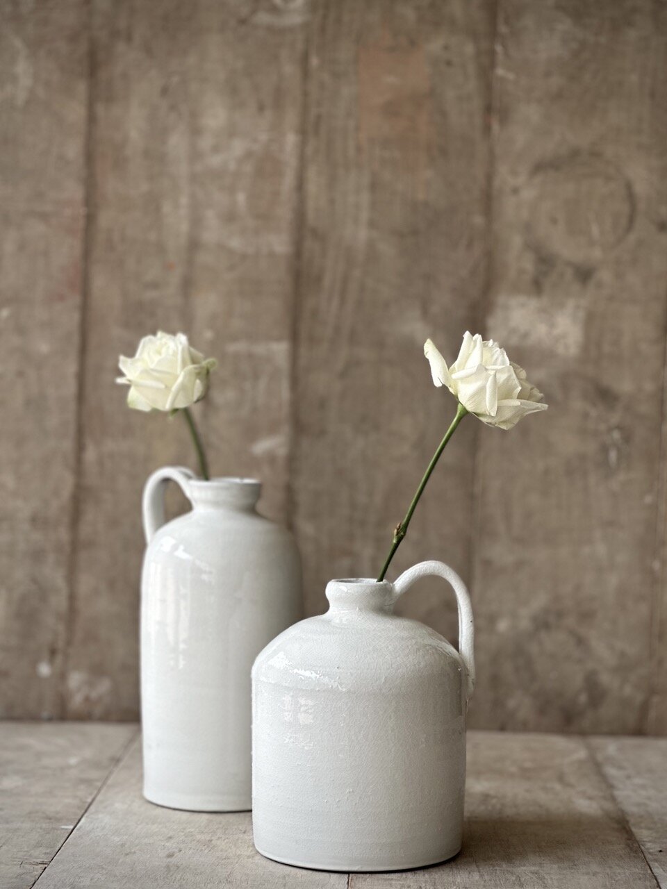 LUC bottle vase with handle, off white crackle glazed
