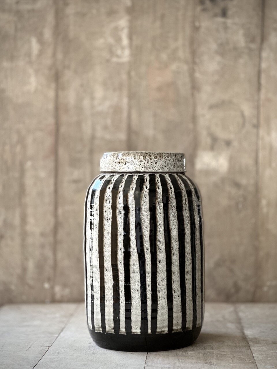 RAC big jar with lid, antique white with black stripes glazed