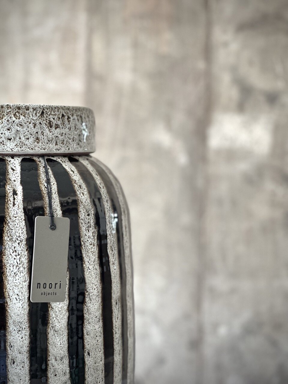 RAC big jar with lid, antique white with black stripes glazed