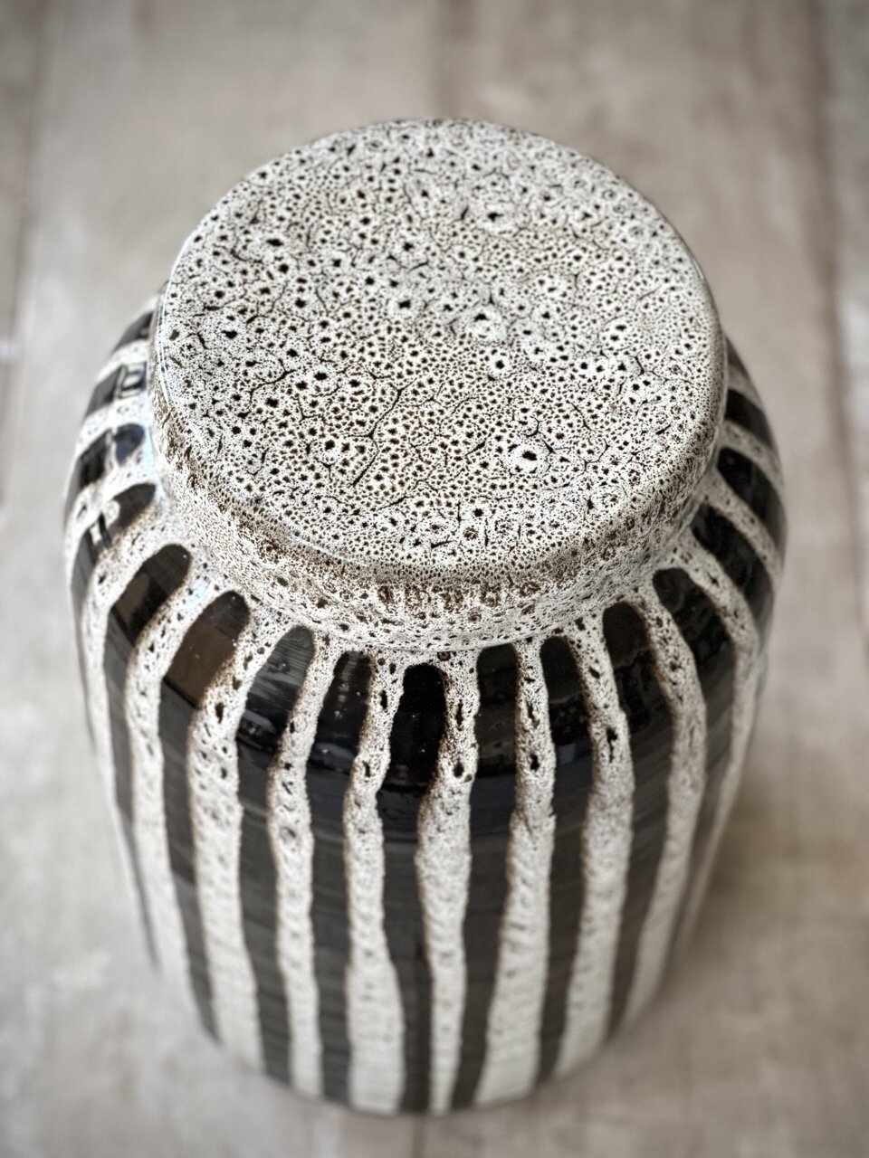RAC big jar with lid, antique white with black stripes glazed