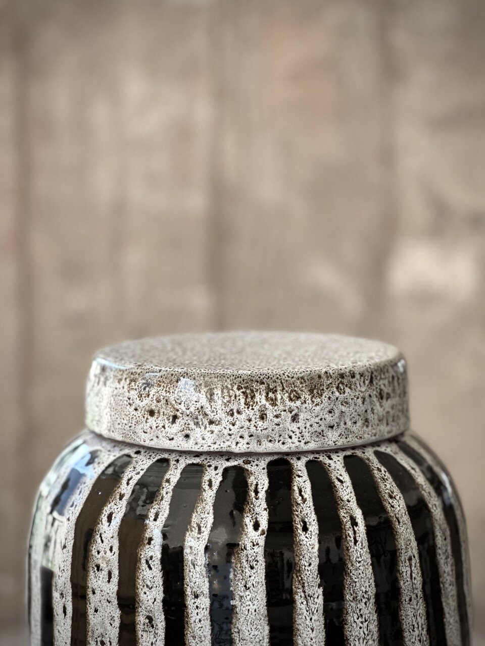 RAC big jar with lid, antique white with black stripes glazed