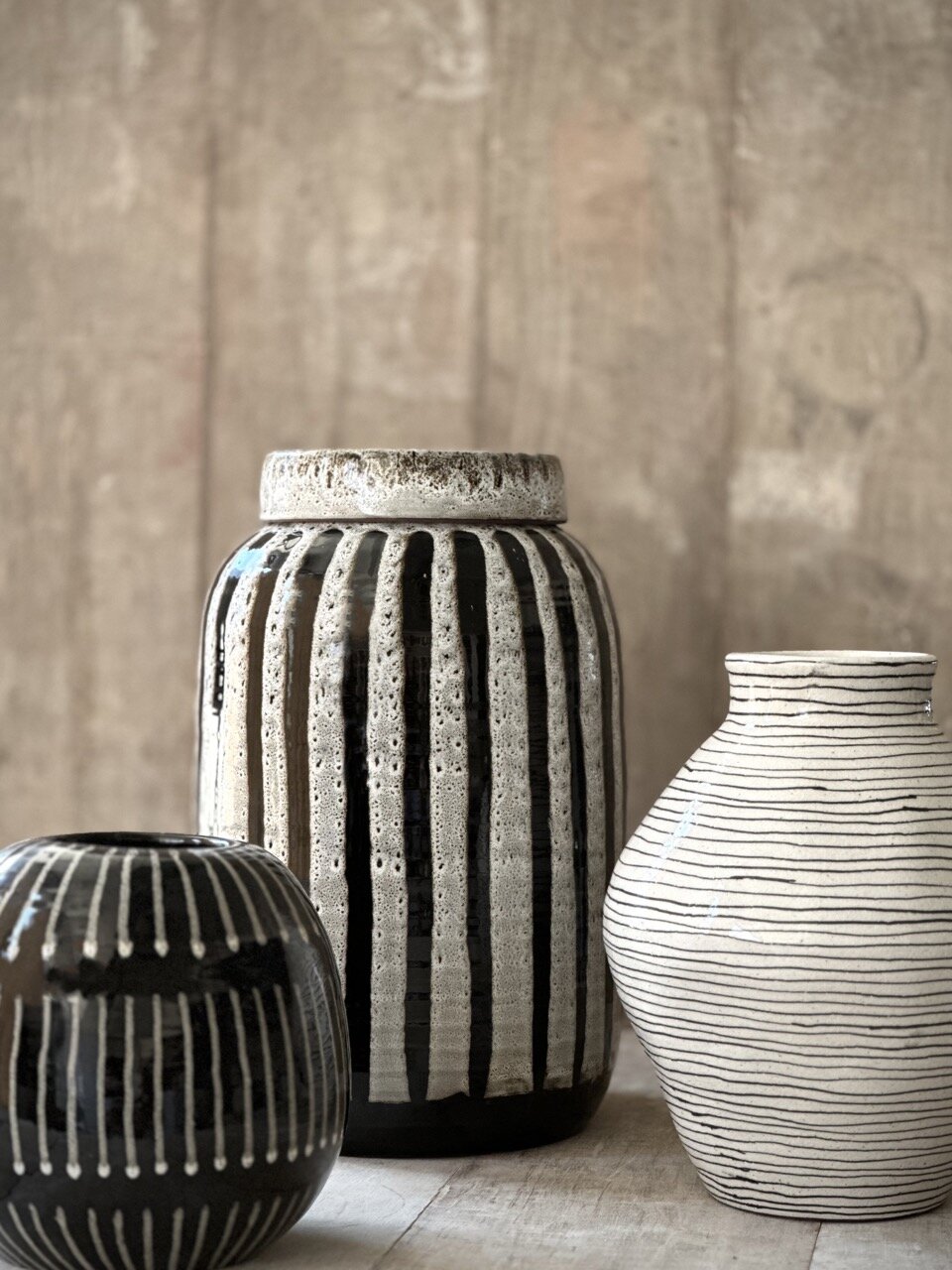 RAC big jar with lid, antique white with black stripes glazed