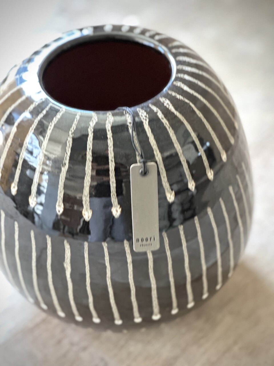 DEZ big round vase, black with white stripes glazed