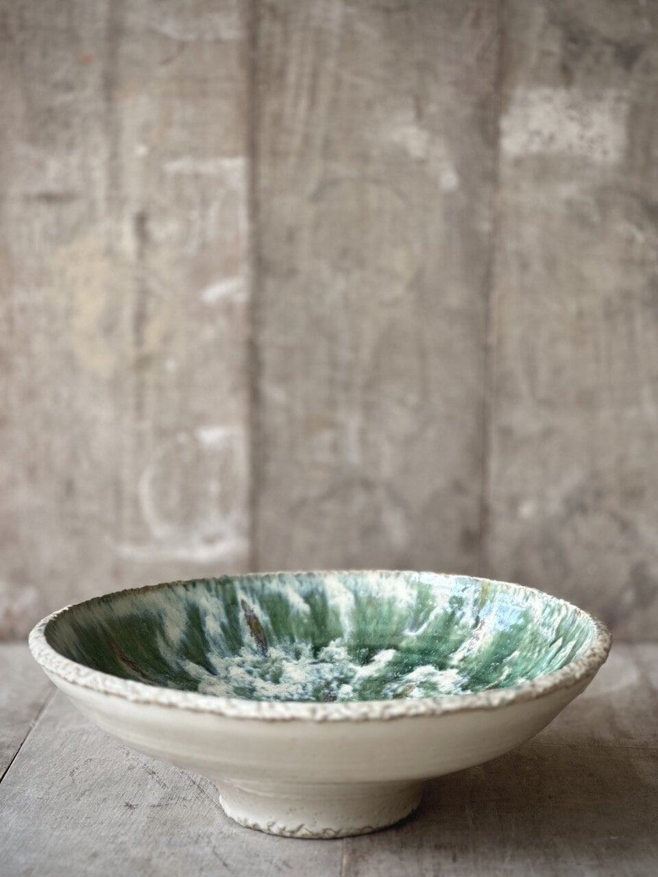 SAC large round plate, green and beige glazed