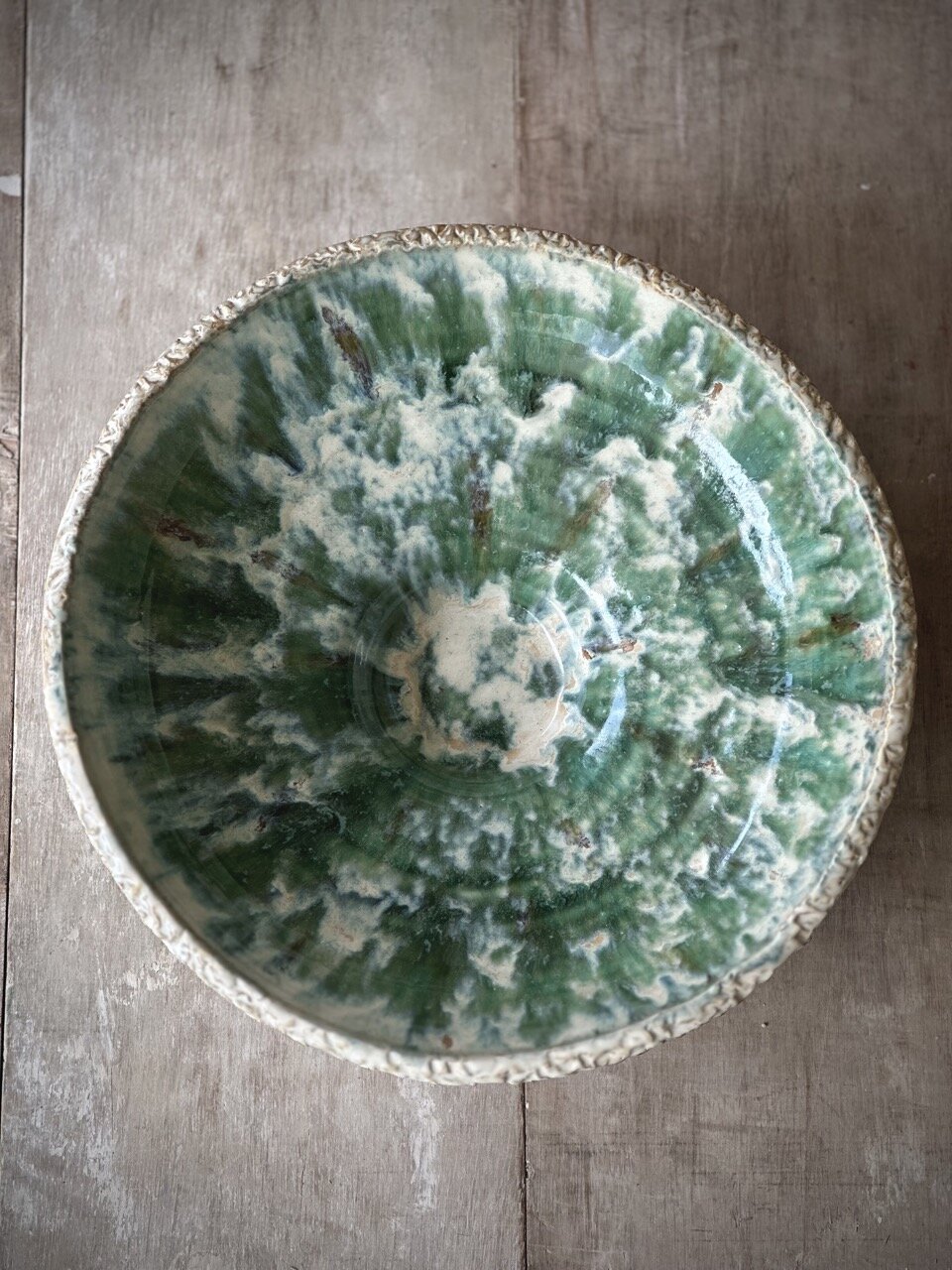SAC large round plate, green and beige glazed