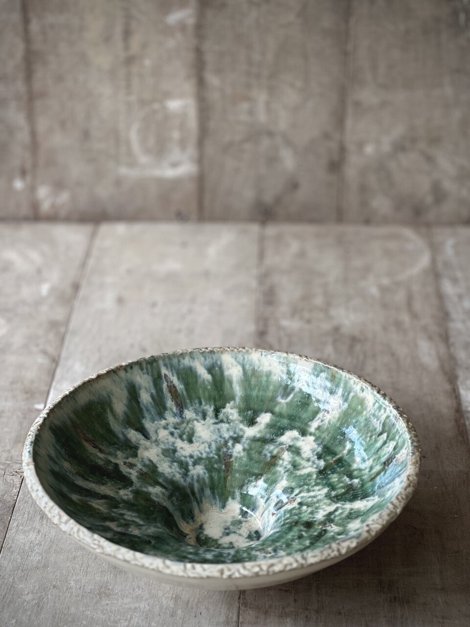 SAC large round plate, green and beige glazed