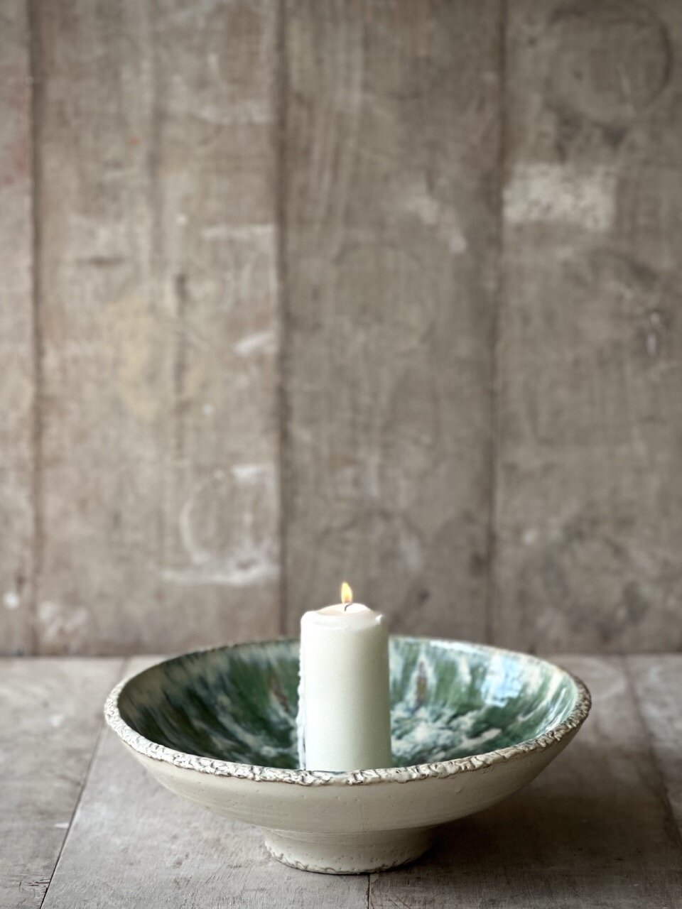 SAC large round plate, green and beige glazed