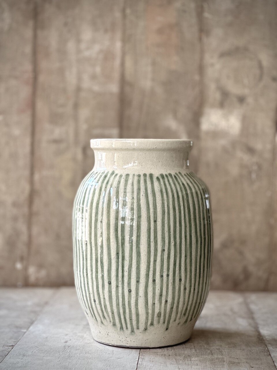 BEZ large vase, antique white with green stripes glazed