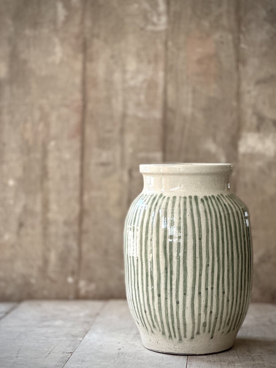 BEZ large vase, antique white with green stripes glazed