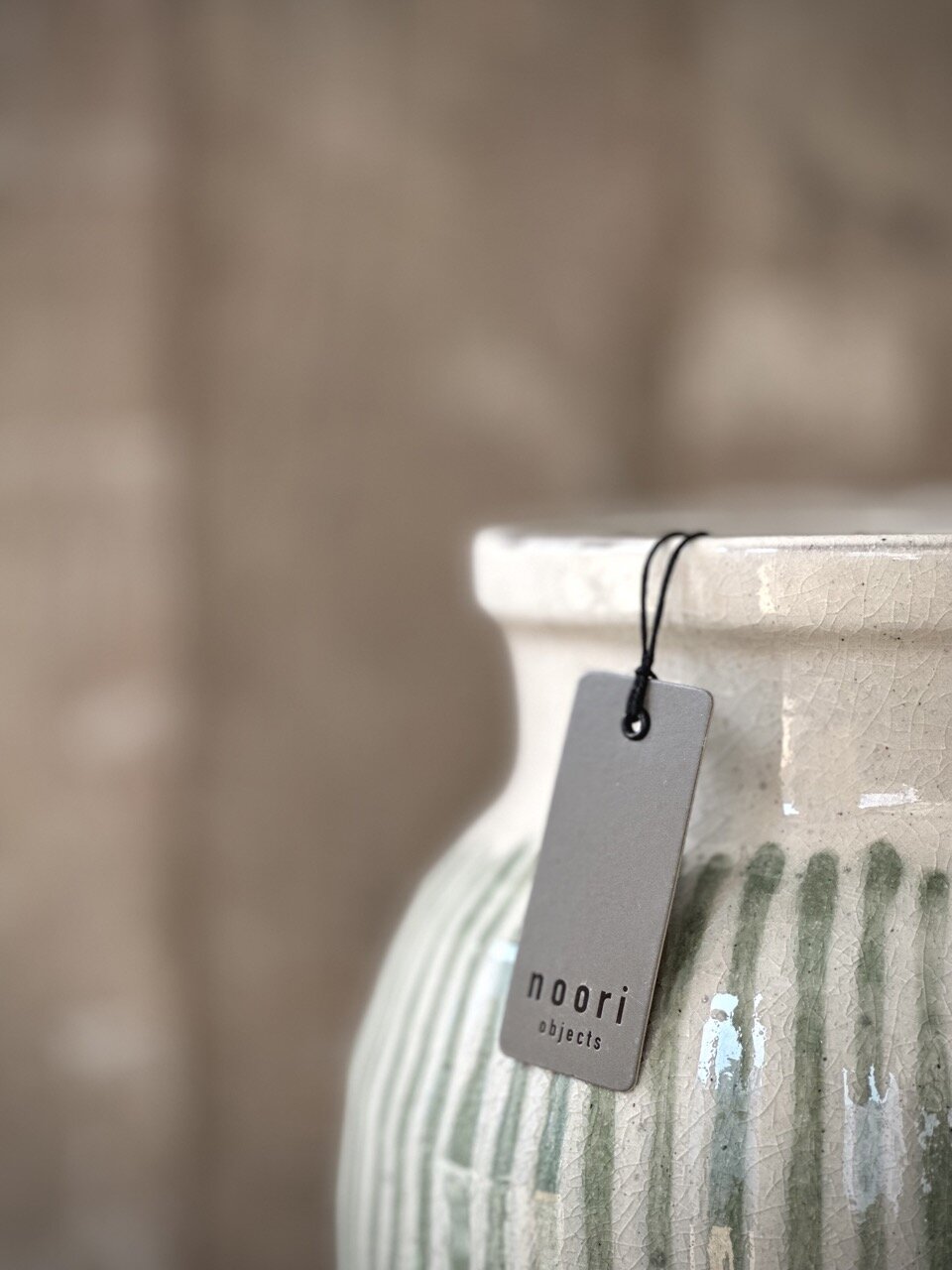 BEZ large vase, antique white with green stripes glazed