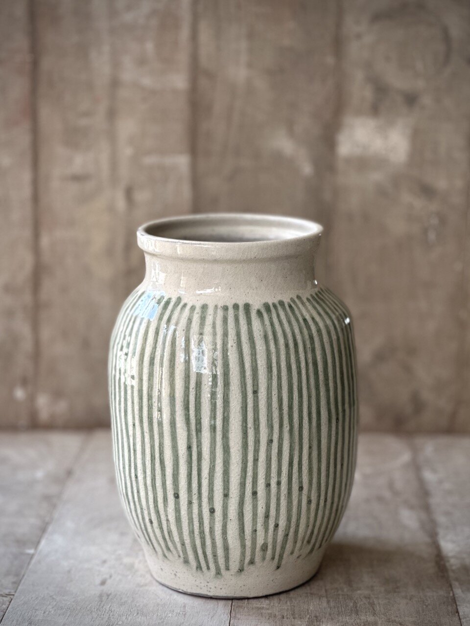BEZ large vase, antique white with green stripes glazed