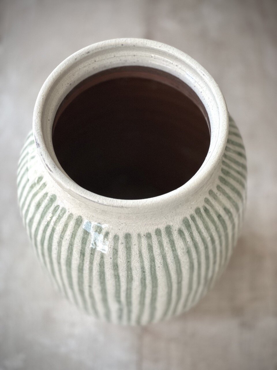 BEZ large vase, antique white with green stripes glazed