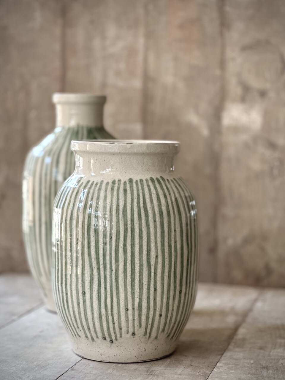 BEZ large vase, antique white with green stripes glazed