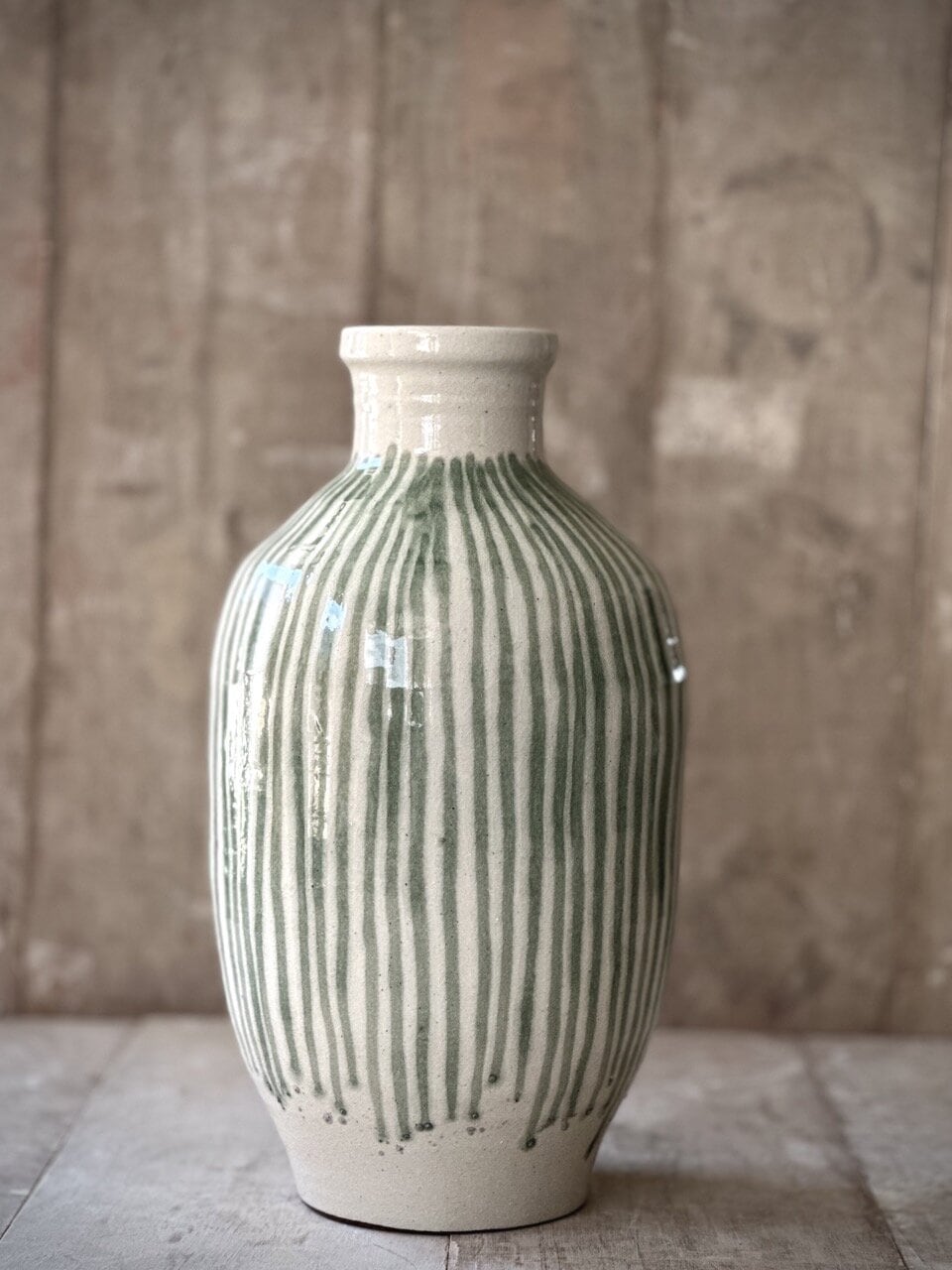 COZ large vase, antique white with green stripes glazed
