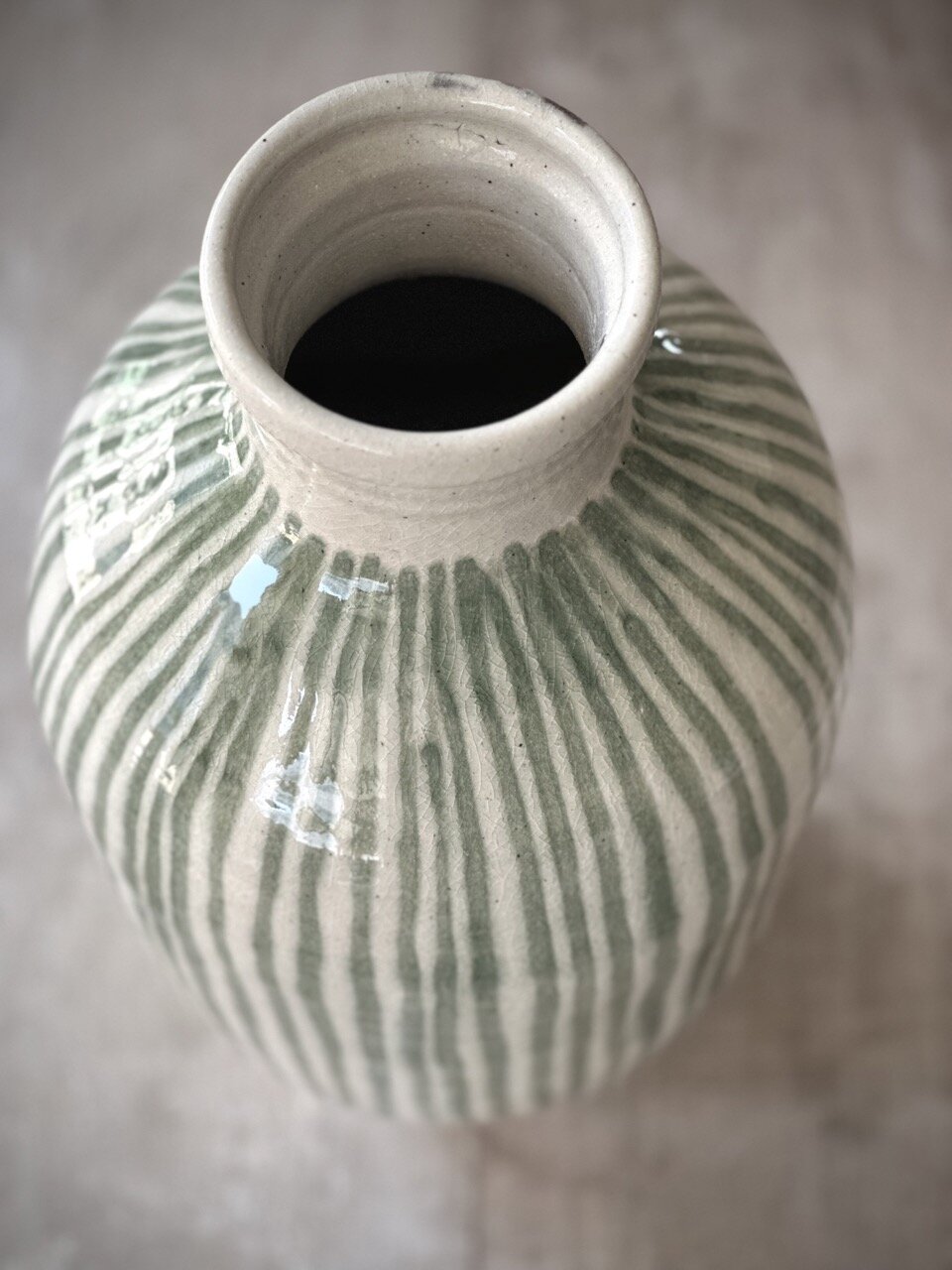 COZ large vase, antique white with green stripes glazed