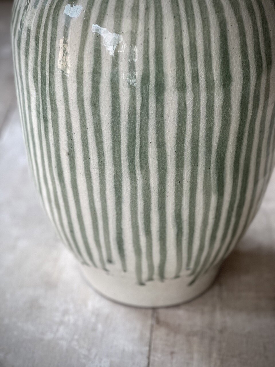COZ large vase, antique white with green stripes glazed