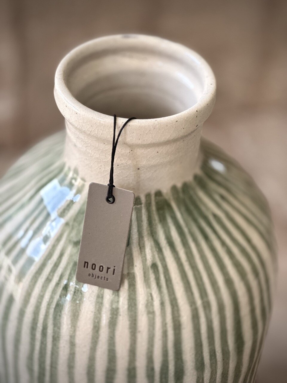 COZ large vase, antique white with green stripes glazed