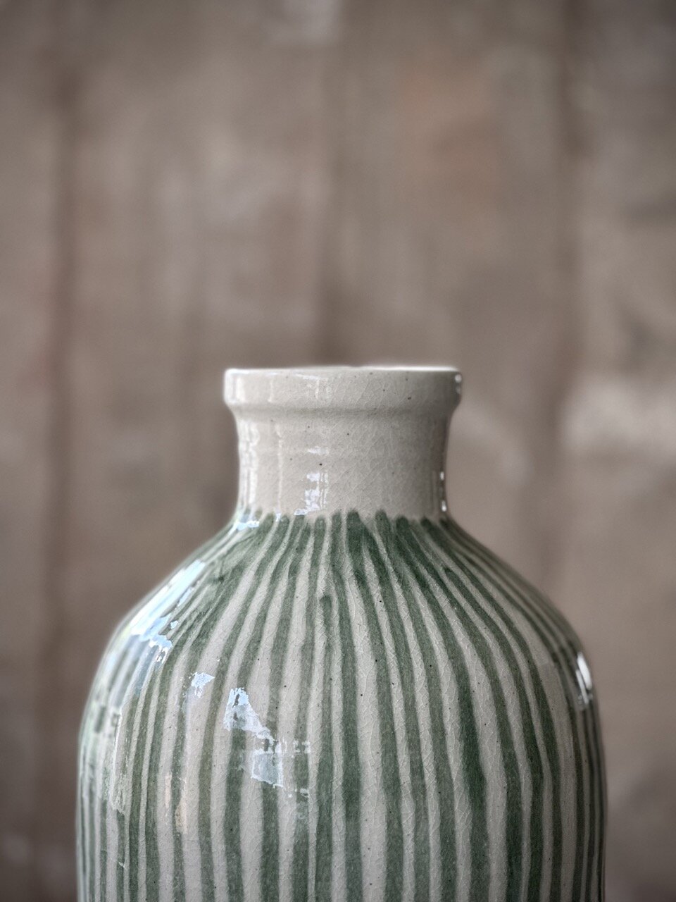 COZ large vase, antique white with green stripes glazed
