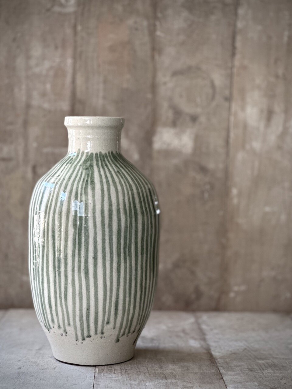 COZ large vase, antique white with green stripes glazed
