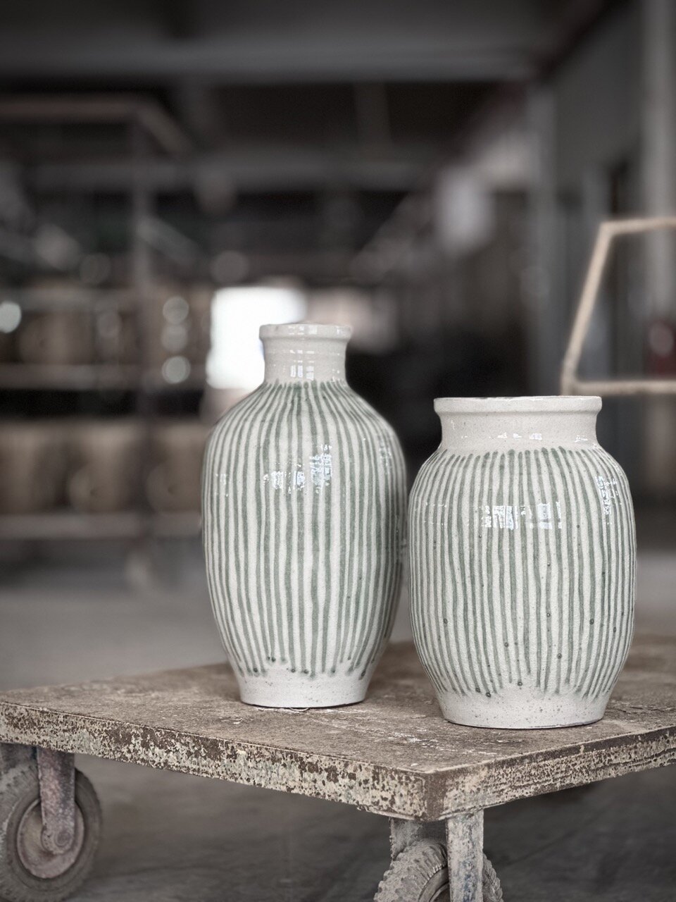 COZ large vase, antique white with green stripes glazed