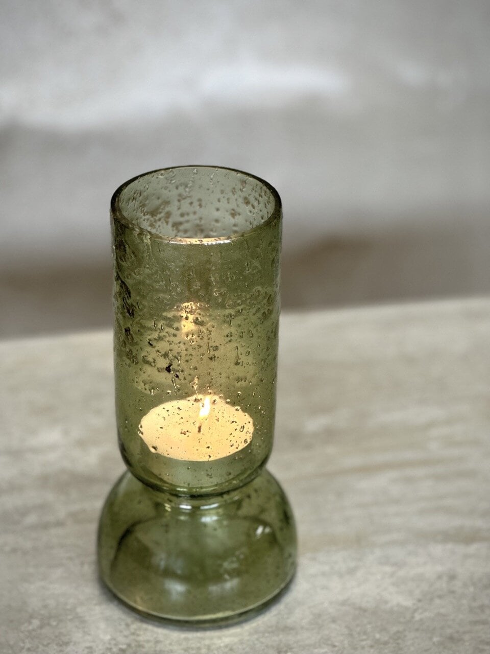 BONDO small glass vase / candle holder, light green with stone finish