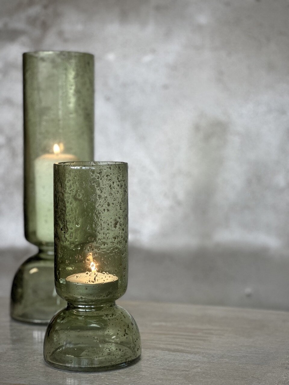BONDO small glass vase / candle holder, light green with stone finish