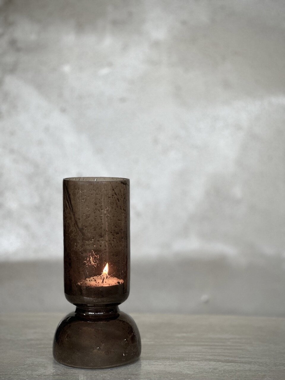 BONDO small glass vase / candle holder, smoke colour with stone finish