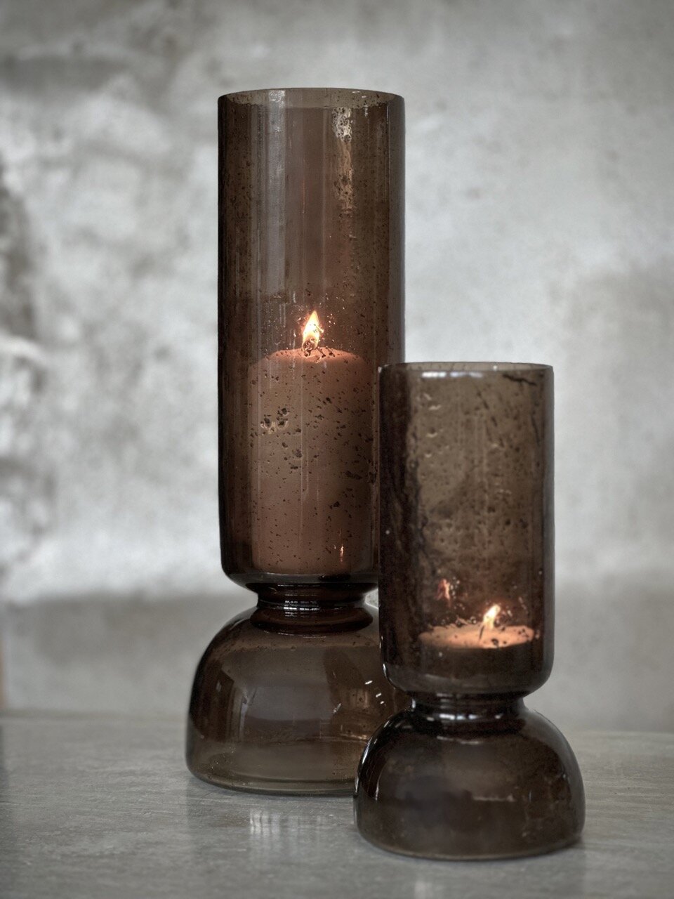 BONDO small glass vase / candle holder, smoke colour with stone finish