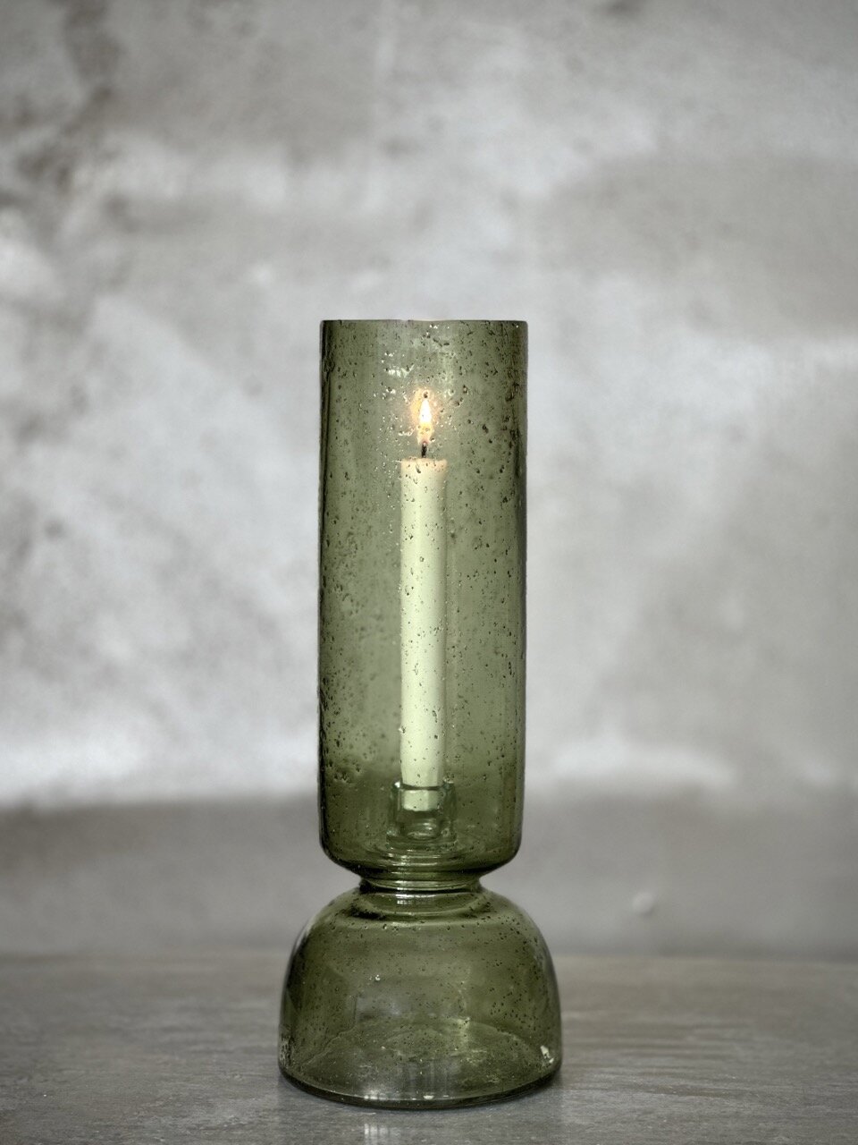 BONDO large glass vase / candle holder, light green with stone finish