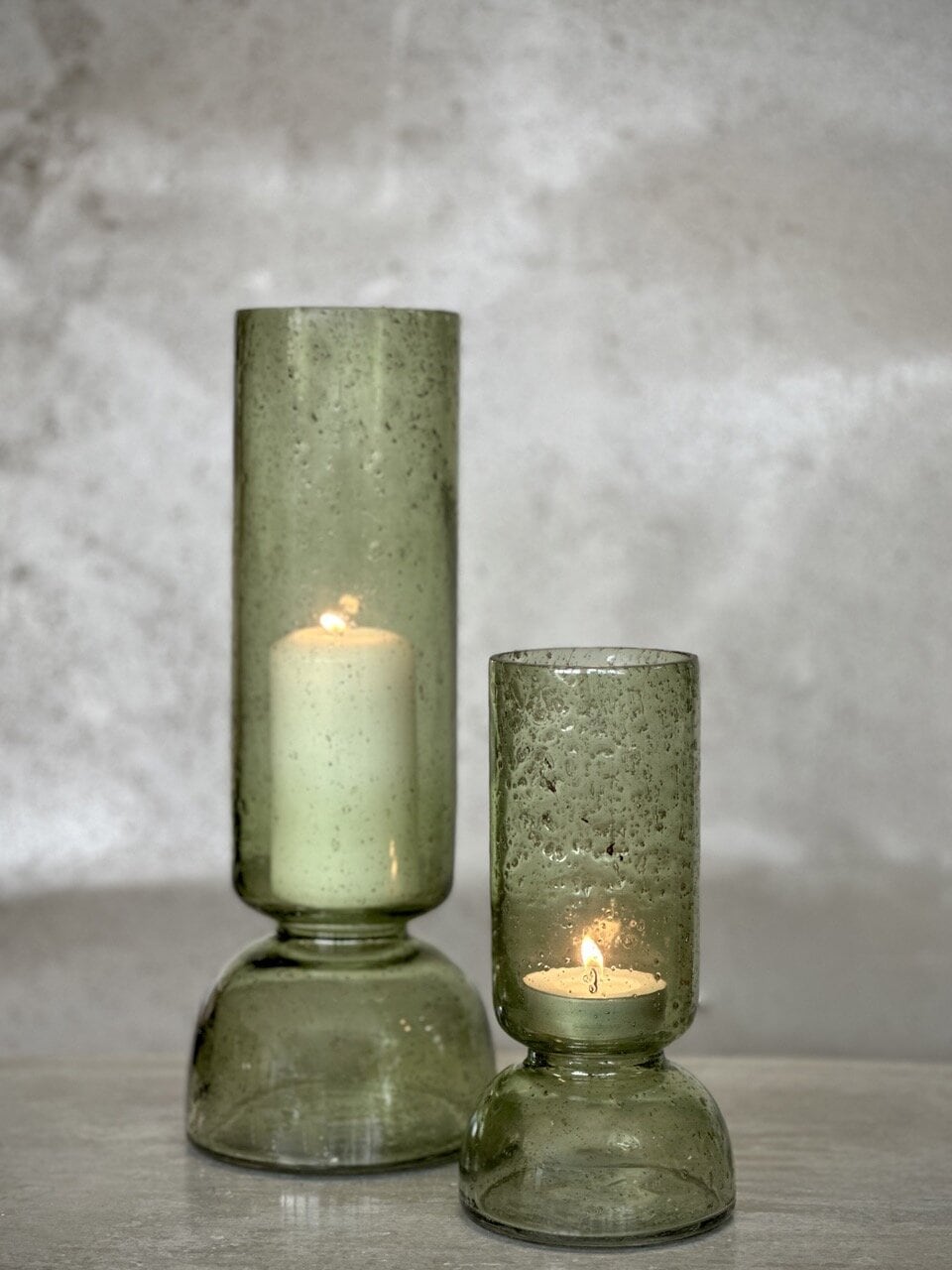BONDO large glass vase / candle holder, light green with stone finish
