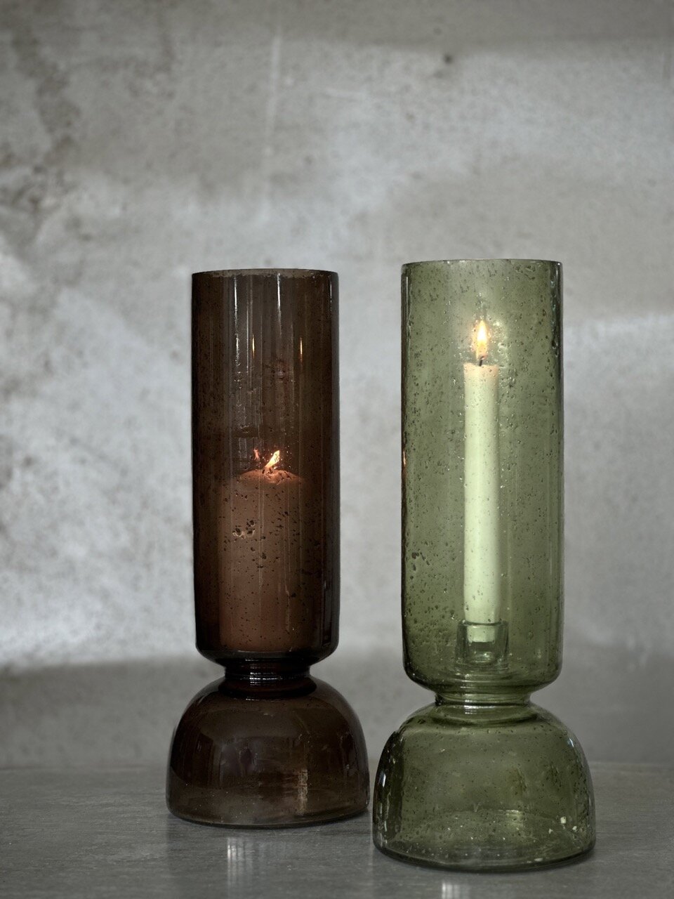 BONDO large glass vase / candle holder, light green with stone finish