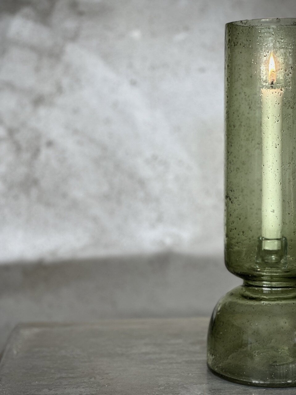 BONDO large glass vase / candle holder, light green with stone finish