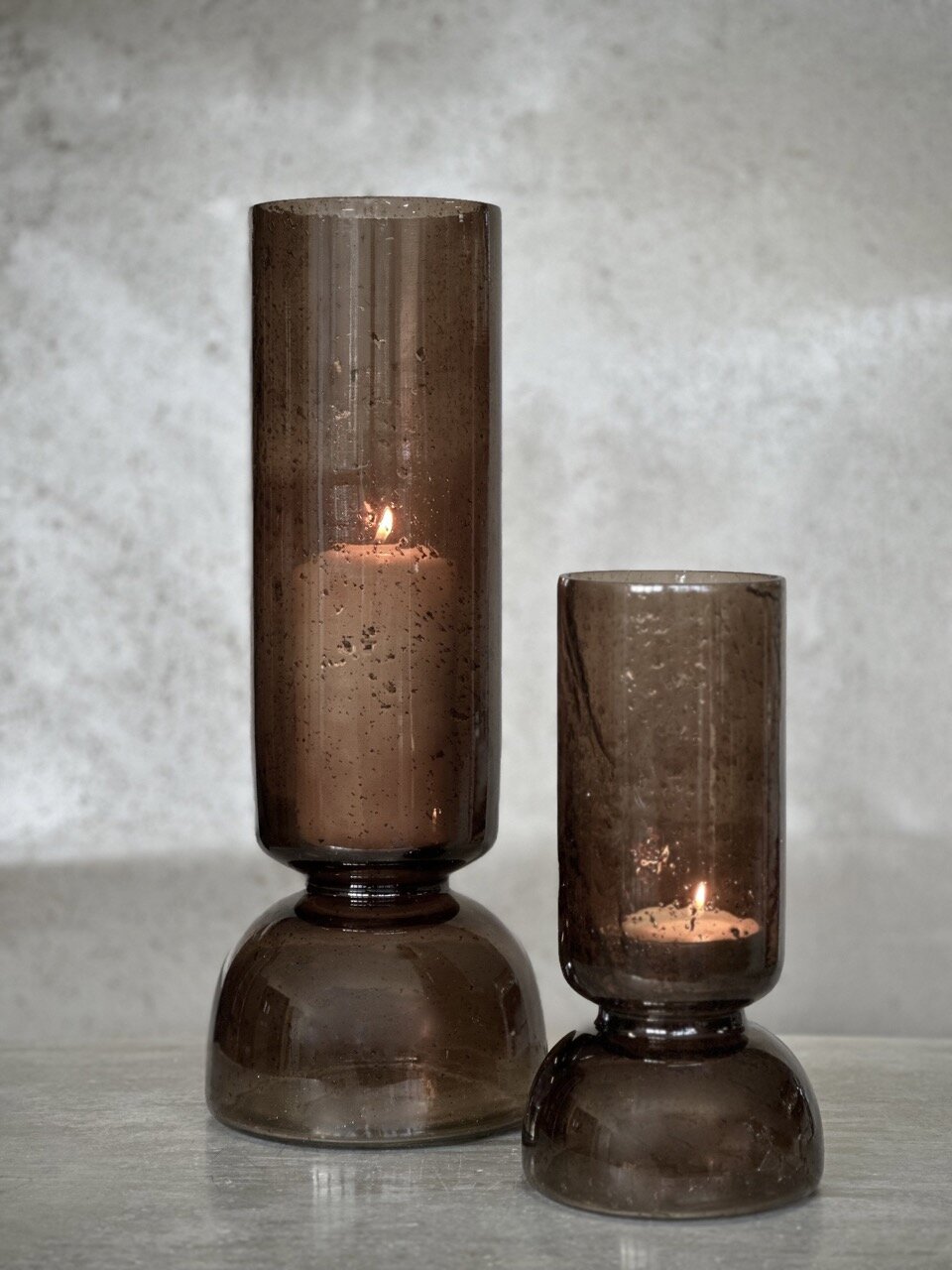 BONDO large glass vase / candle holder, smoke colour with stone finish