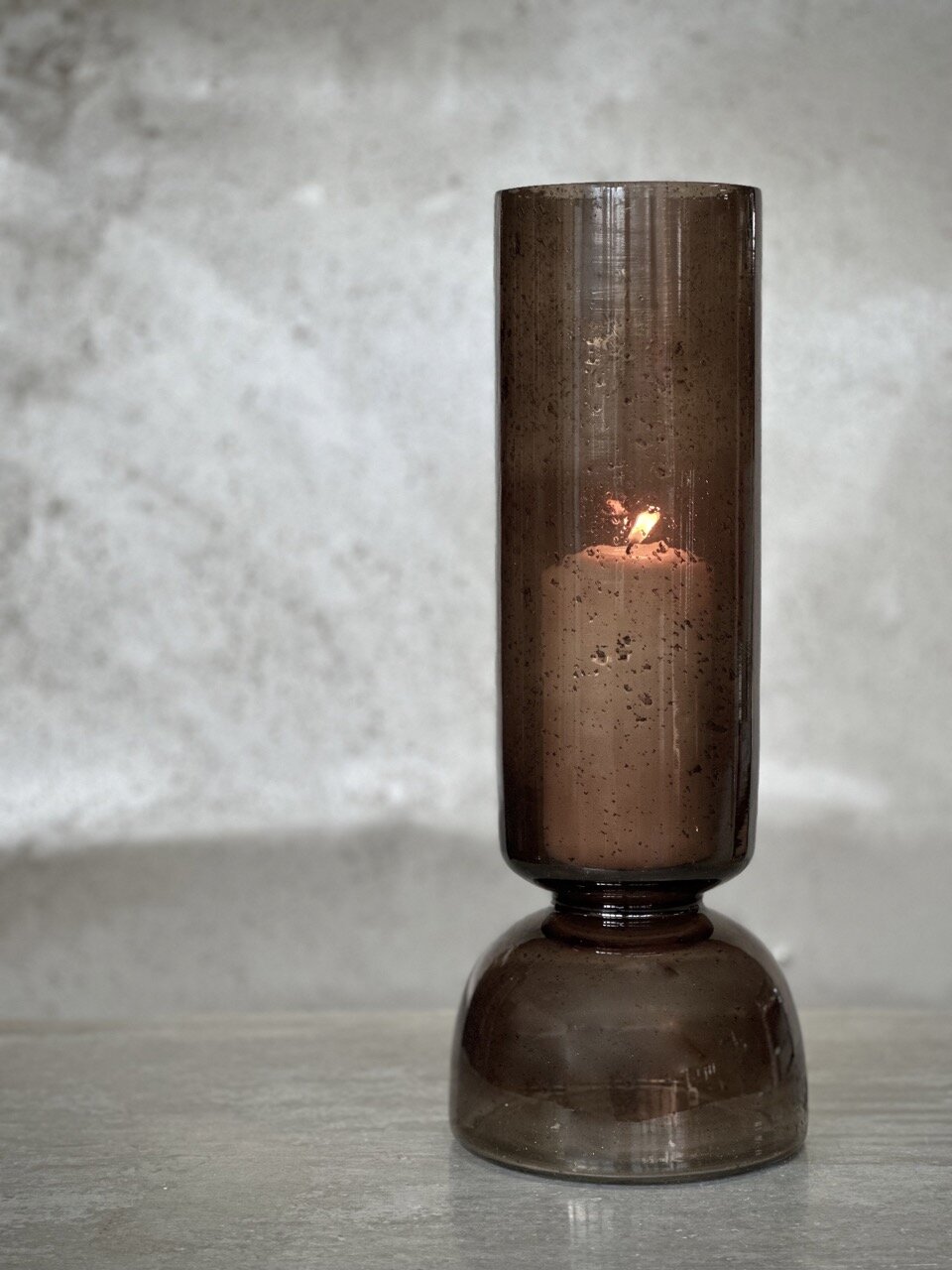 BONDO large glass vase / candle holder, smoke colour with stone finish