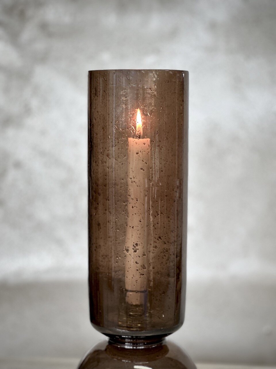 BONDO large glass vase / candle holder, smoke colour with stone finish