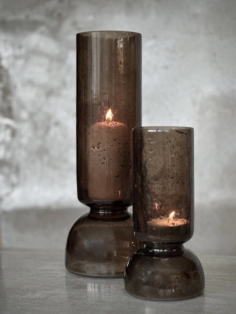 BONDO large glass vase / candle holder, smoke colour with stone finish