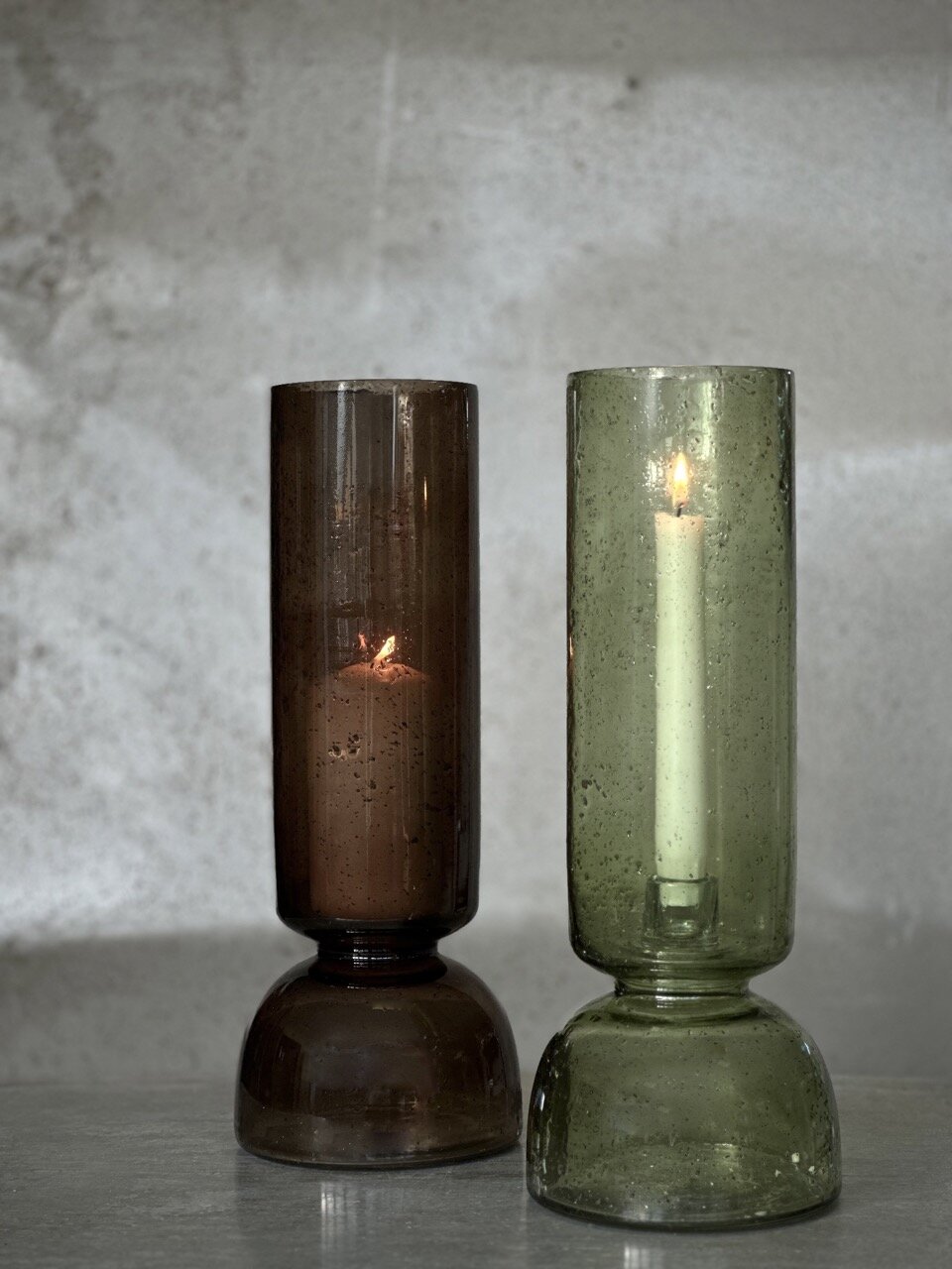 BONDO large glass vase / candle holder, smoke colour with stone finish