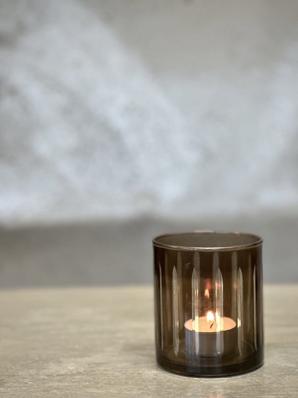 REGO tea light candle holder, smoke colour with cutting