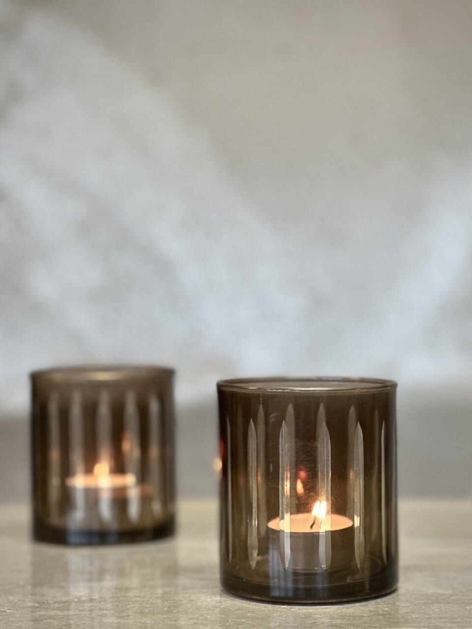 REGO tea light candle holder, smoke colour with cutting