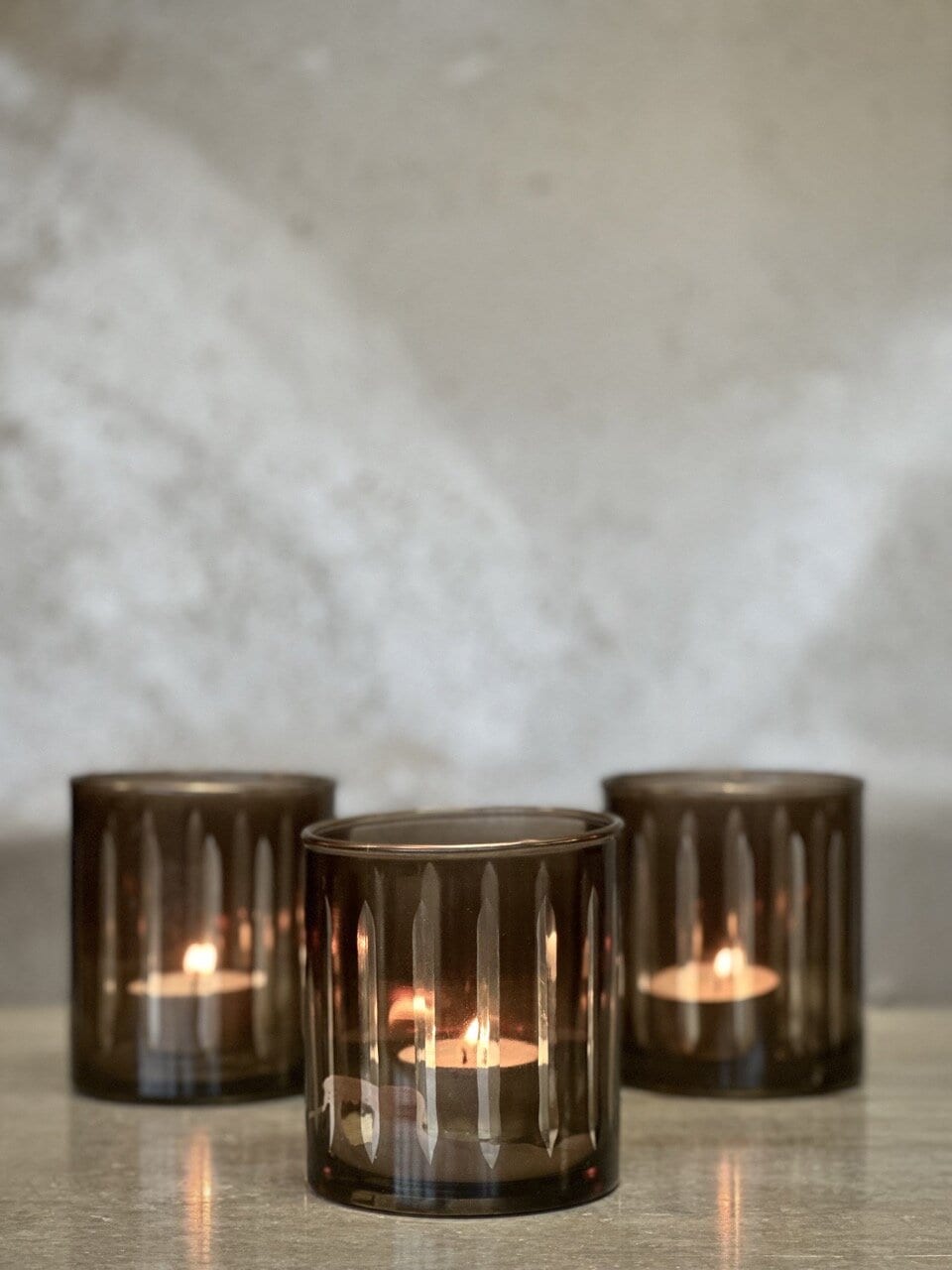 REGO tea light candle holder, smoke colour with cutting
