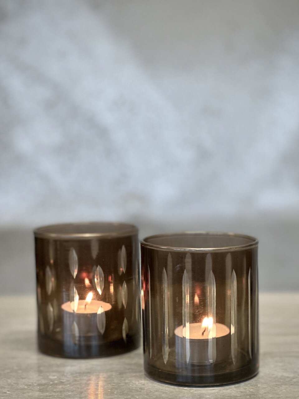 REGO tea light candle holder, smoke colour with cutting