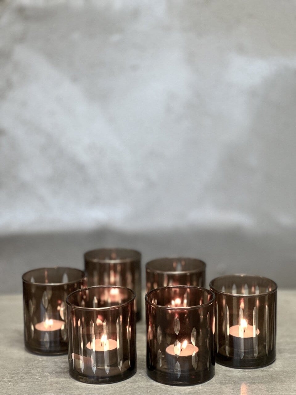 REGO tea light candle holder, smoke colour with cutting